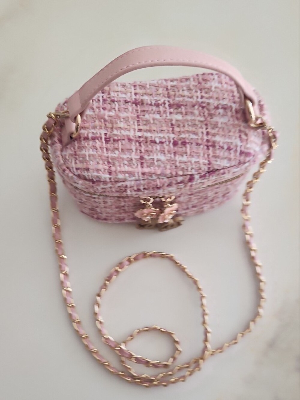 Pink Tweed Mini Vanity Crossbody Bag with Floral Charms..so Pretty! - Picture 4 of 11